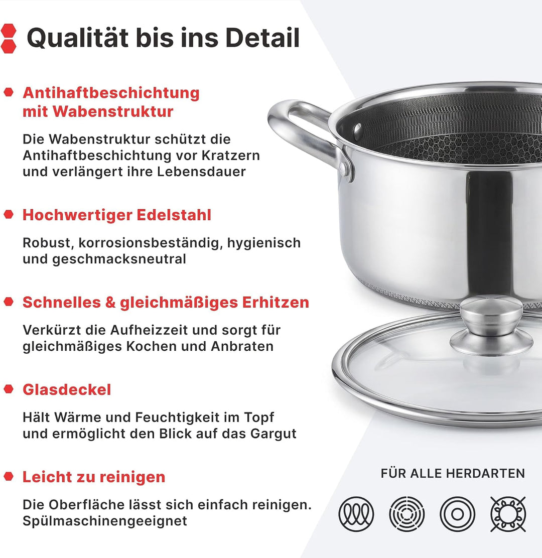 Kochtopf Ø28 cm aus Edelstahl mit Glasdeckel 6 L Induktion Topf Antihaft Wabenstruktur Fleischtopf S