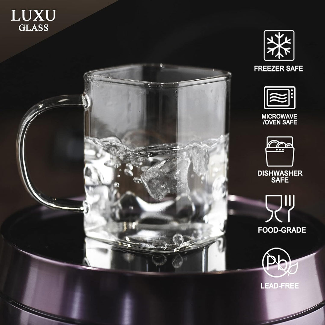 LUXU Trinkgläser mit Griff, 237 ml, Set mit 4 dünnen, quadratischen Gläsern, elegante Bargläser für