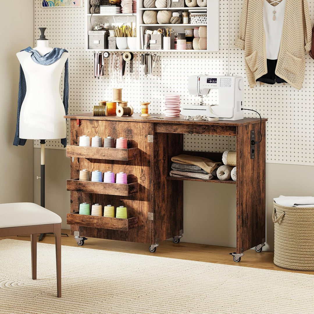 COSTWAY 2 in 1 Nähtisch klappbar mit Ladestation, Nähmaschinenschrank aus Holz mit Regalen, Nähschra
