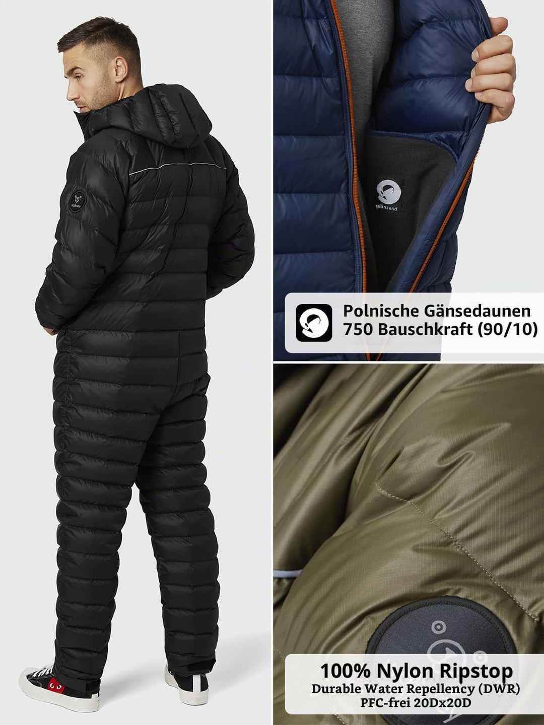 Walksey Down Suit, Der Daunen Outdoor Jumpsuit für Damen &amp; Herren, Leicht Warm &amp; Funktionell, Schwar