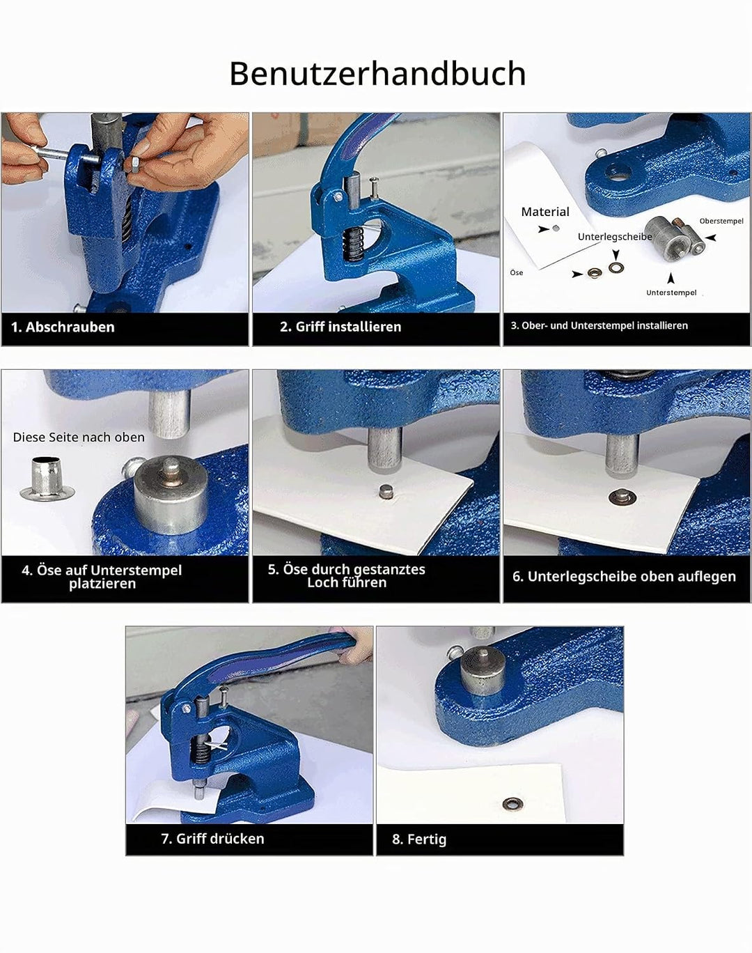 QWORK Ösenpresse Set, Handpresse Ösenmaschine Ösenzange Set Punch Tool Kit, mit 3 Stanzformen (6/10/