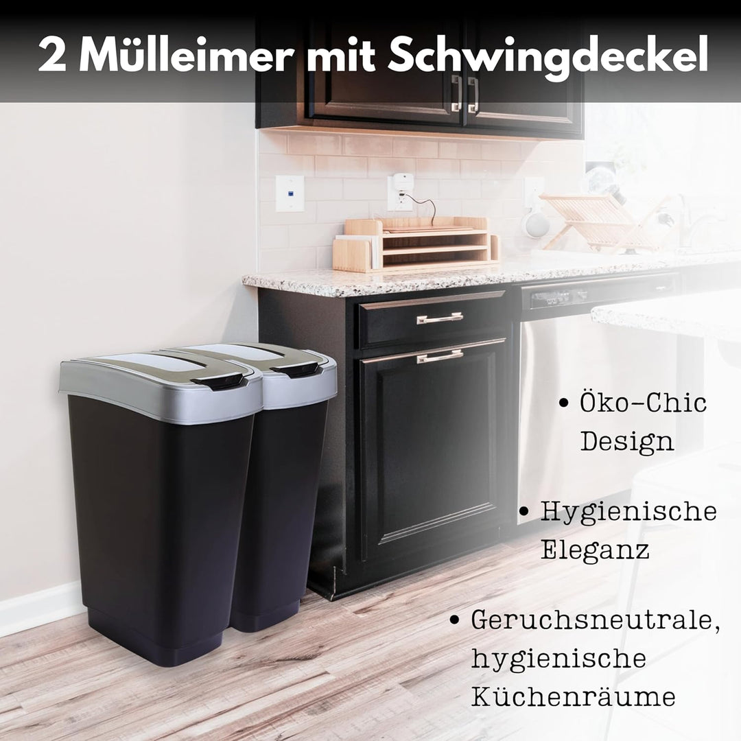 SUSTANIA Duo Mülleimer Küche 2 Fächer 50L - Geruchsdicht Doppel Abfalleimer mit Schwingdeckel, 2er S