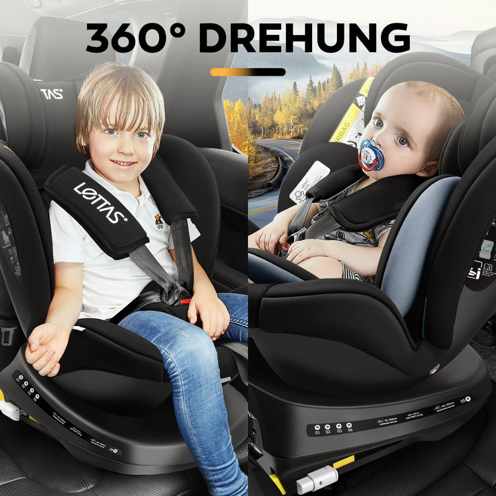 LETTAS I-Size 360°Drehung Autositz 40-150 cm, ca. 0 bis 12 Jahre, Isofix Kinderautositz mit Verstell