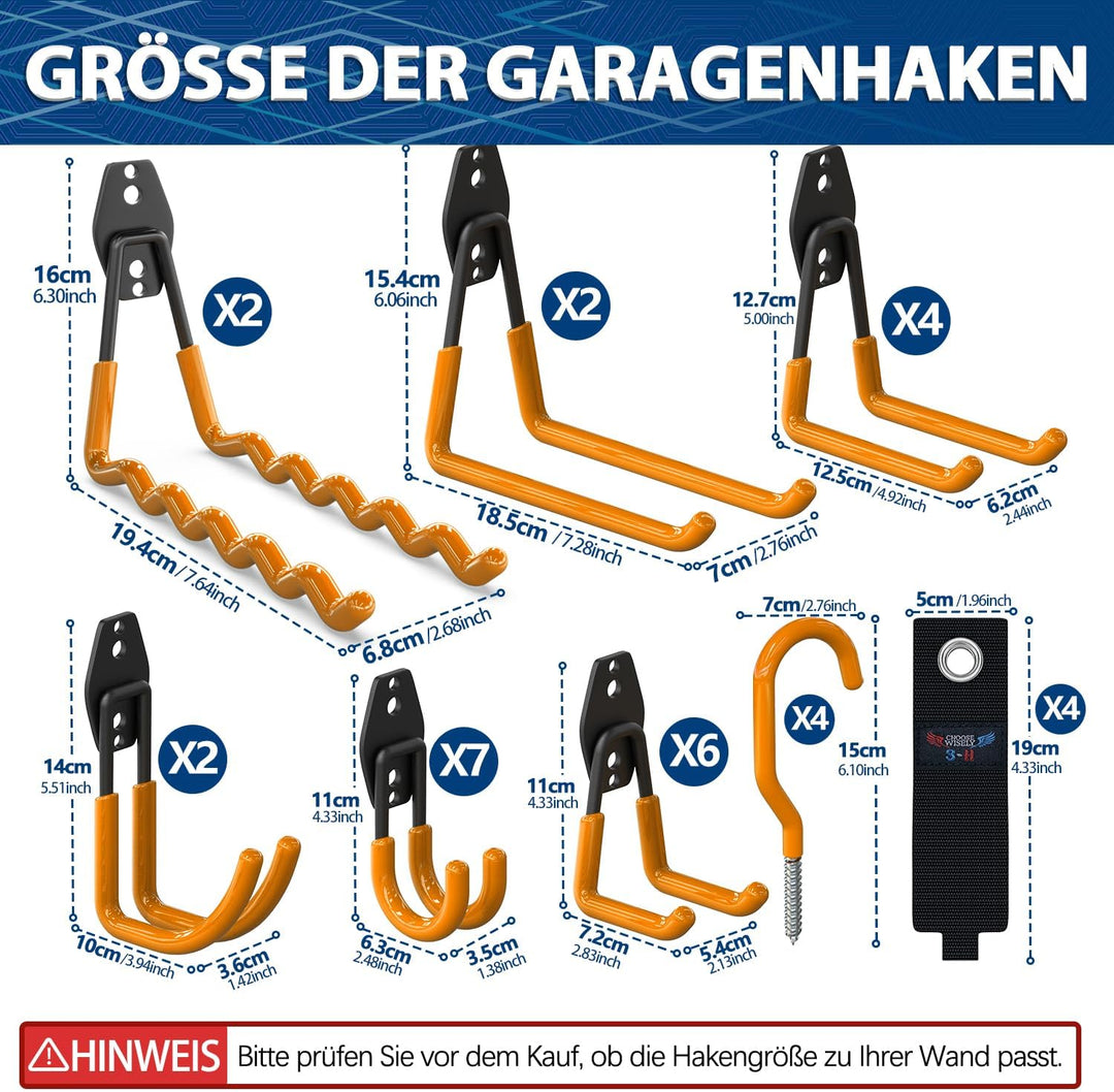3-H Wandhaken Garage, Gerätehaken Schwerlast Doppelhaken 31 Stück für Leiter, Geräte, Werkzeuge, Sch