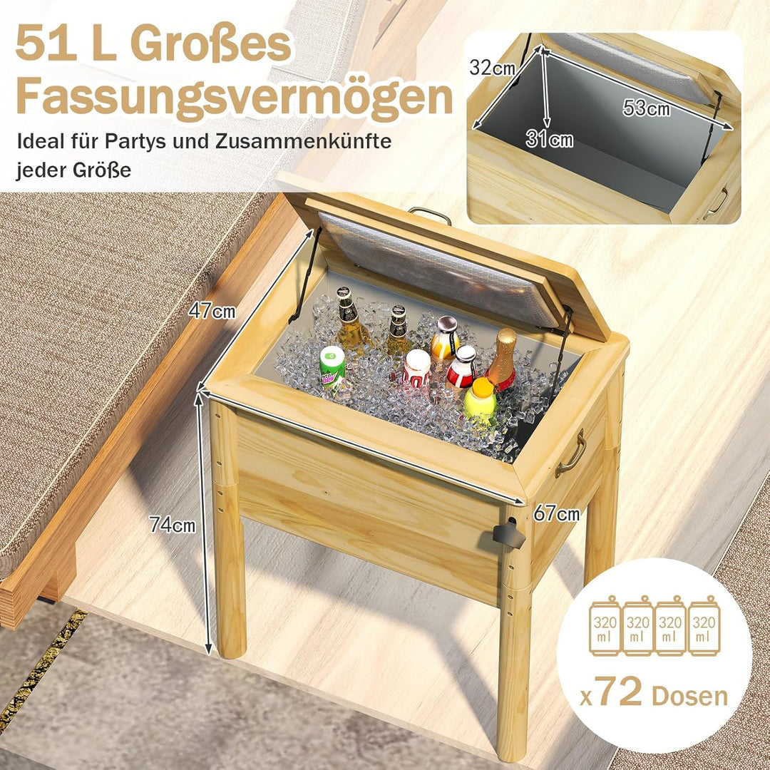 COSTWAY Getränkekühler Holz, 51 L Outdoor-Terrassenkühler mit 3 Griffen & Flaschenöffner, rustikale