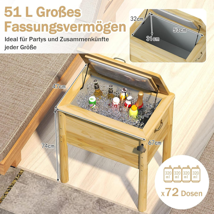 COSTWAY Getränkekühler Holz, 51 L Outdoor-Terrassenkühler mit 3 Griffen & Flaschenöffner, rustikale