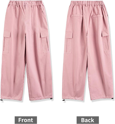 Rolanko Mädchen Cargohose, Baumwoll Baggy Hose mit Elastischer Taille und Mehreren Taschen für Kinde