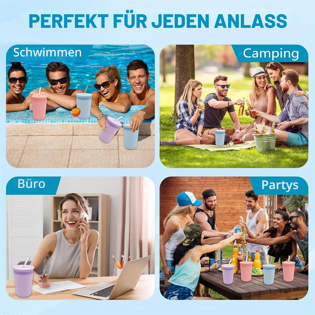 Eiswürfelflasche mit Edelstahlbecher &amp; Deckel – Doppelwandiger Isolierbecher, 2-in-1 Trinkhalm, BPA-