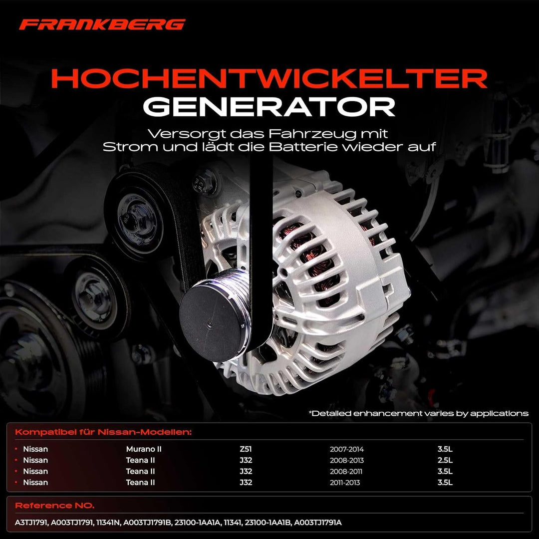Frankberg Lichtmaschine Generator 130A Kompatibel mit Murano II Z51 3.5L 2007-2014 Teana II J32 2.5L