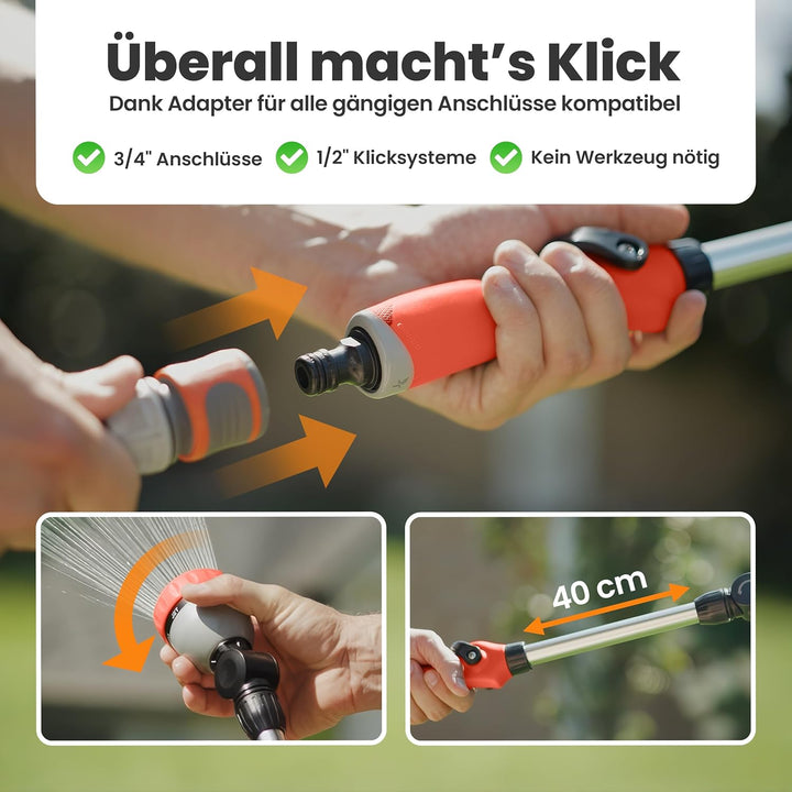 rainfactory Giessstab 45cm - Gartenbrause mit Stiel & 8 Sprühbildern - 180° drehbare Giesslanze mit