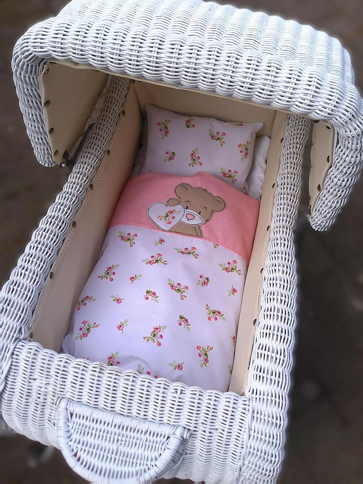 Puppenbettwäsche rosé Rosen`Serie Jolie`, verschiedene Modelle für Puppenbett, Puppenwagen Decke 40h