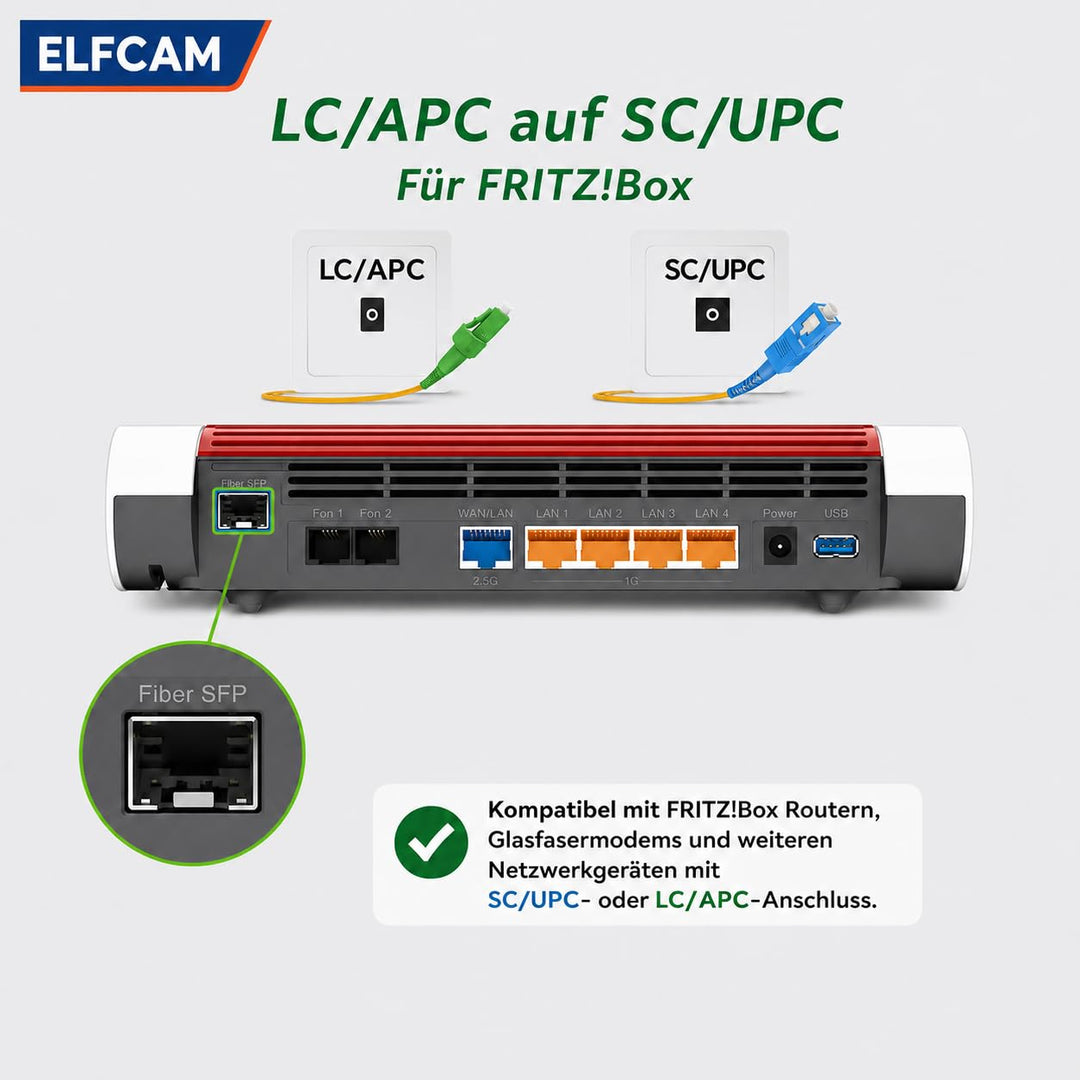 Elfcam® - 40m LWL Glasfaser-Kabel LC/APC auf SC/UPC Stecker, Simplex Singlemode 9/125μm OS2 Patchkab