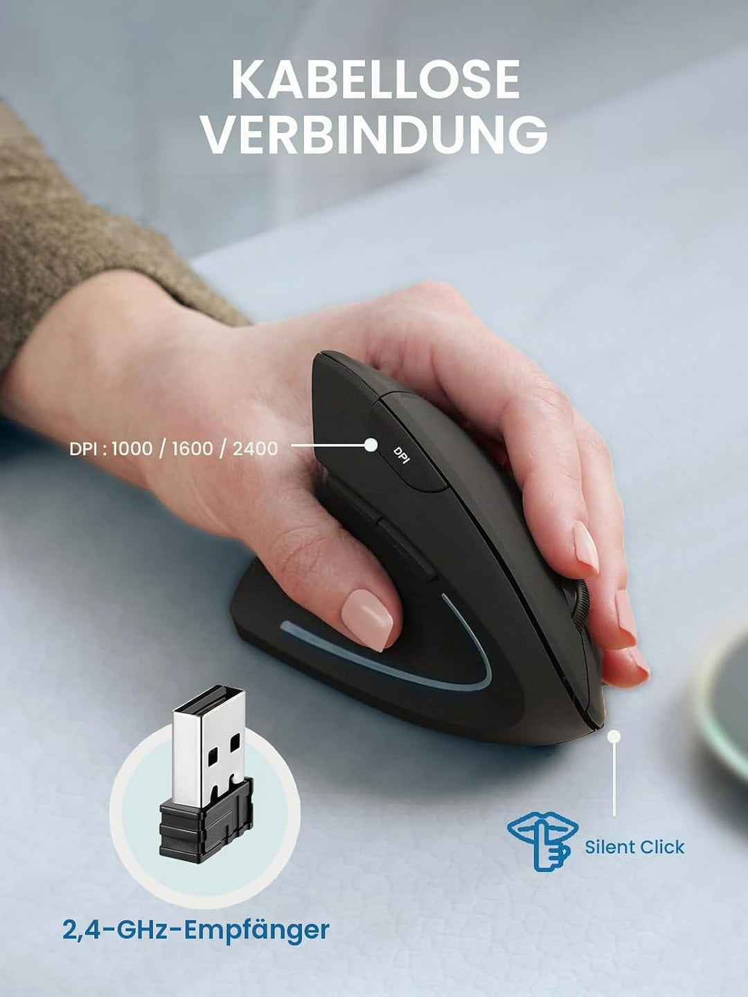 Perixx PERIMICE-713LRX – Kabellose wiederaufladbare vertikale Maus für Linkshänder, duales Laden per