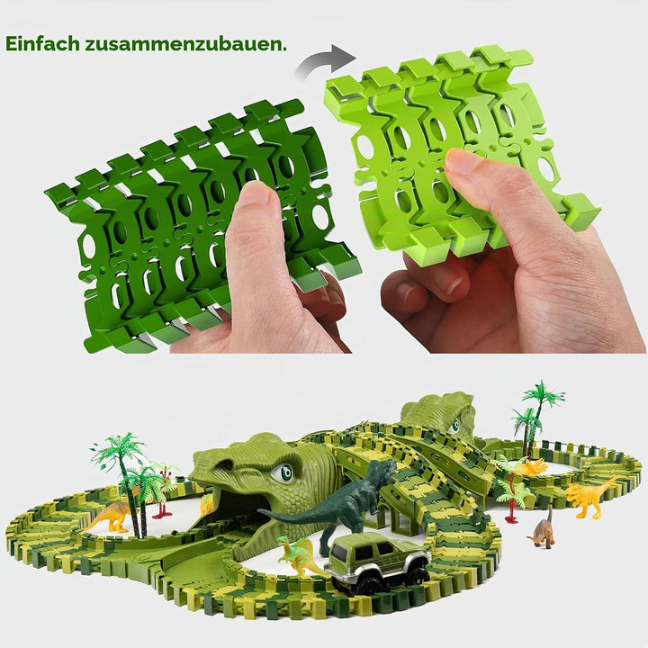 CELMAN Dinosaurier Spielzeug - Flexibles Rennbahn mit viele Teilen und Geländewagen, Autorennbahn Sp