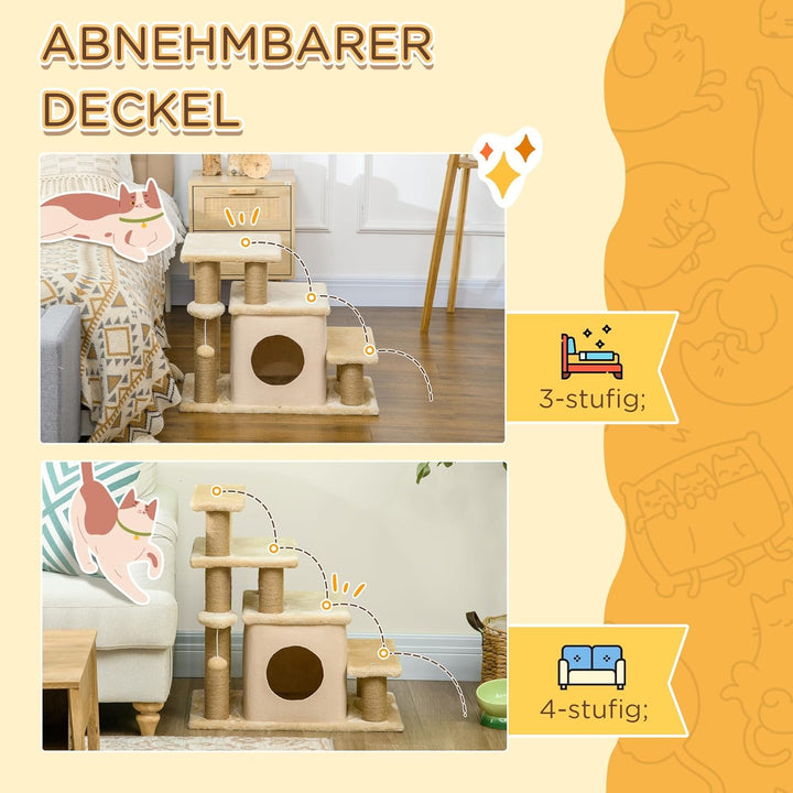PawHut Hundetreppe 3/4 Stufen 66 cm Hoch Haustiertreppe mit Schlafhöhle, Rampe, Sipielball, Katzentr