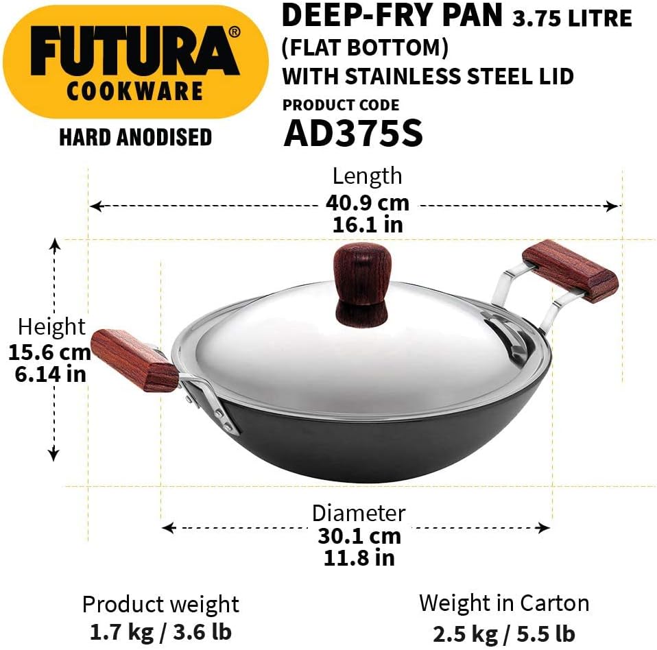 Futura Hard eloxiert deep-fry Pan (Kadhai) mit Stahl Deckel und flacher Boden 3.75L, 3.75L
