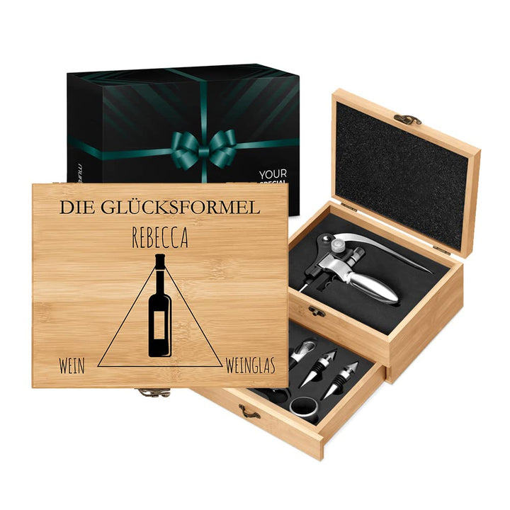 Maverton Weinöffner-Set personalisiert Weinset Sommelier Set - Geschenkbox Holzbox + 8er Weinzubehör