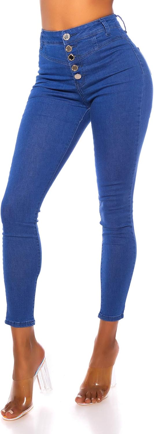 Jeans High Waist Damen Skinny Jeans Jeanshose mit Knöpfen 40 Blau, 40 Blau