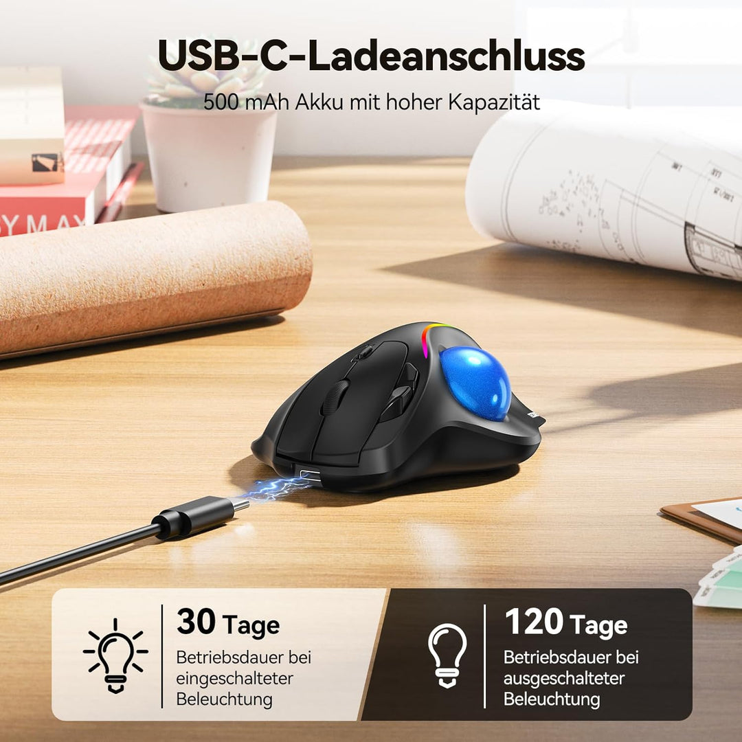TECKNET Kabellose Trackball-Maus, Ergonomische Maus mit Bluetooth und verschlüsseltem Dongle, 6 Tast