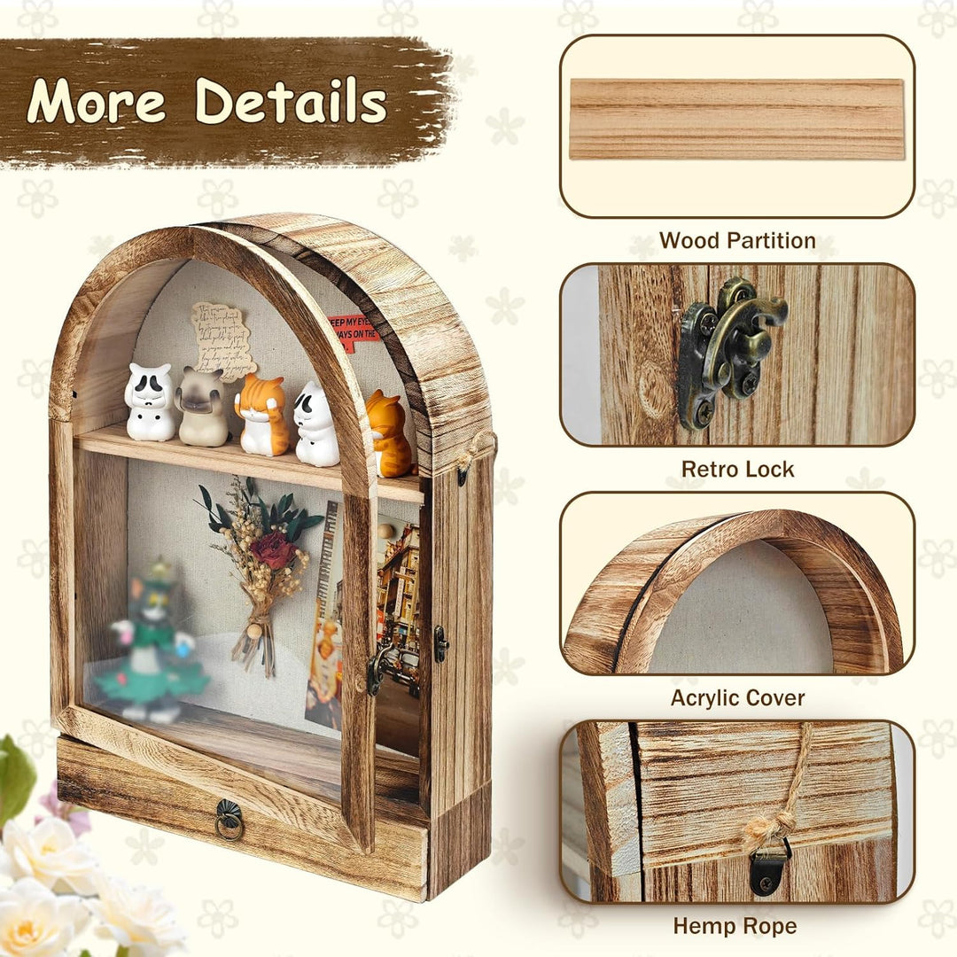 28 x 40 cm Schattenkasten mit Schubladen und abnehmbaren Regalen, Archbraun Holz-Nostalgiekasten für
