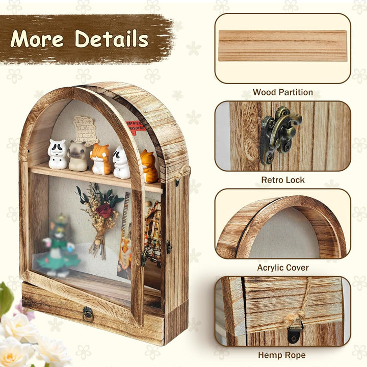 28 x 40 cm Schattenkasten mit Schubladen und abnehmbaren Regalen, Archbraun Holz-Nostalgiekasten für