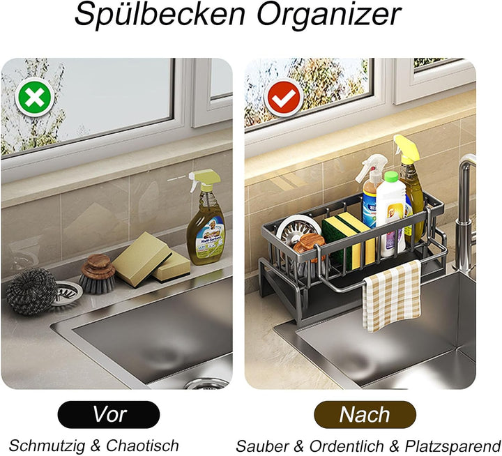 ViWaVee Spülbecken Organizer, Spüle Küchen Organizer Edelstahl Mit Selbstentleerender Ablaufwanne Fo
