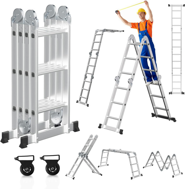 4x3 Mehrzweckleiter 360cm 7 in 1 Alu Leiter mit 2 plattform und 2 Transport Rollen bis 150 kg，Vielzw