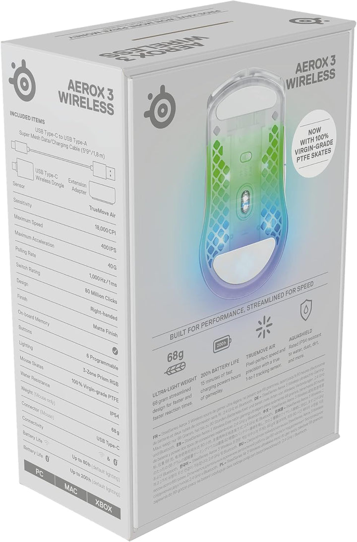 SteelSeries Aerox 3 Wireless Ghost - 2022 - Superleichte Gaming-Maus - 68g Gewicht und wasserabweise