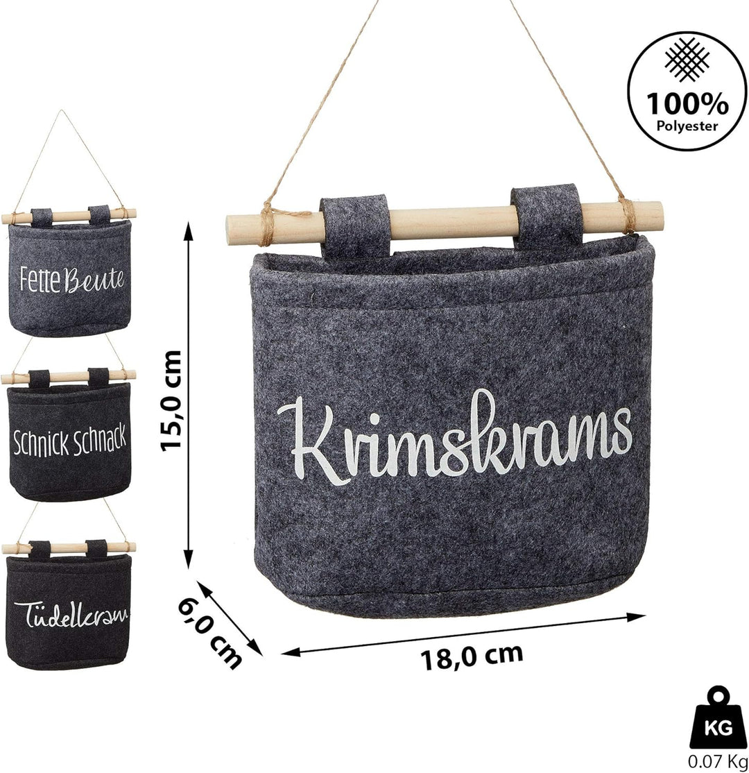 Aufbewahrungstasche 4er Set aus Filz│Hängekorb grau, anthrazit │Krimskrams, Fette Beute, Tüdelkram,