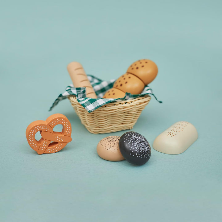 Janod - Holz Bäckereikorb - Viennoiseries Korb - 6 Realistische Dinette Zubehör - Ideale Ergänzung z