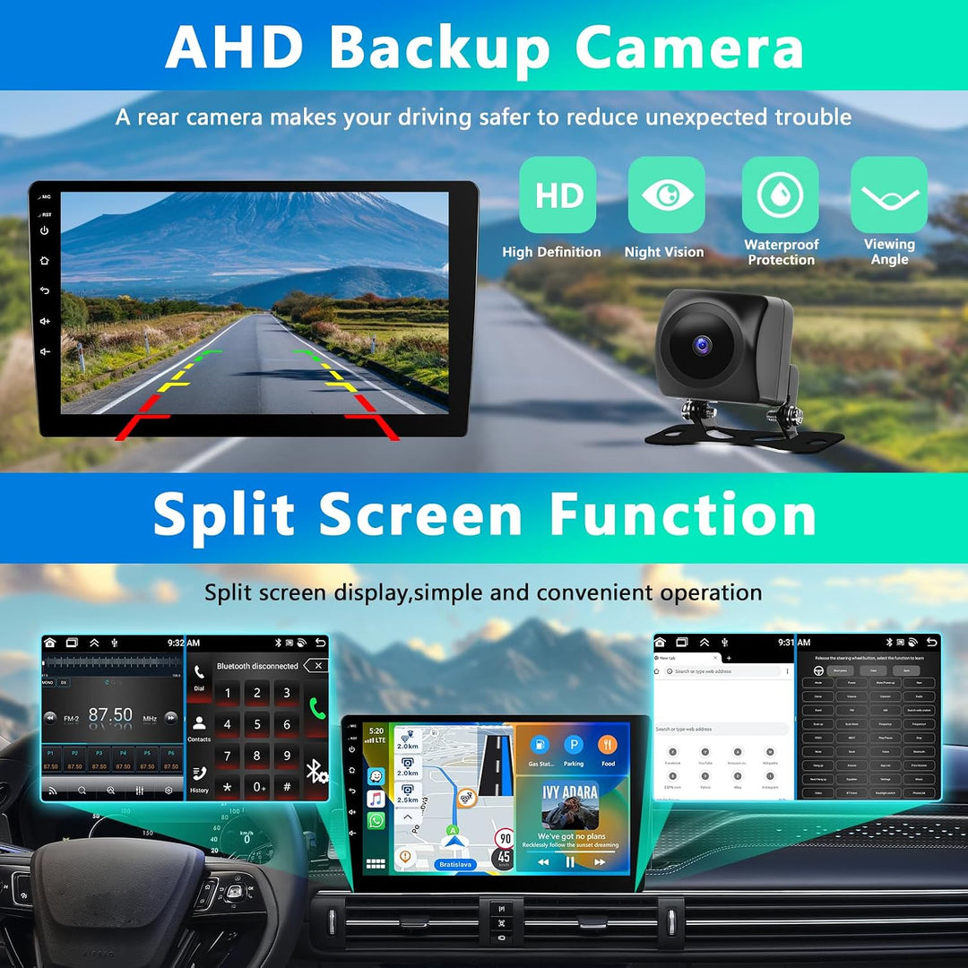 4GB + 64GB 2 Din Autoradio mit Kabelloses Carplay Android Auto, Motorsi 9" Bildschirm Touchscreen Ca