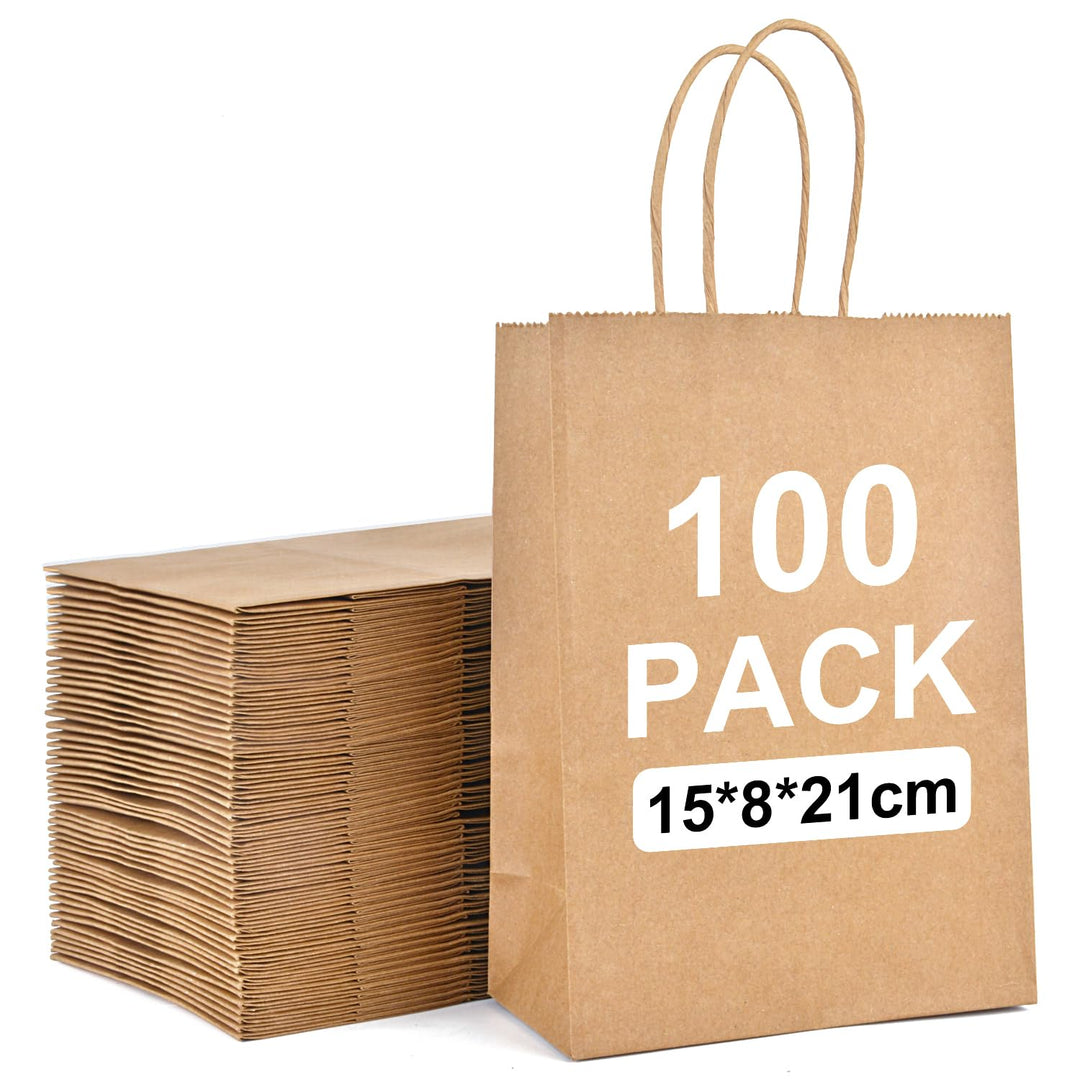 MAOOY 100stk Papiertüten mit Henkel Kleine Geschenktüten Papiertaschen Braun 15x8x21cm,Kraftpapiertü