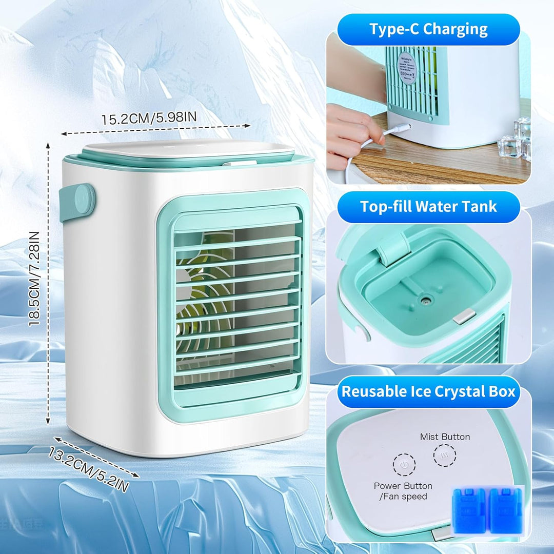 Tragbarer Mini-Klimagerät-Ventilator mit Kühlfunktion, leise, 3 Windstufen und Kaltvernebelung, Mini