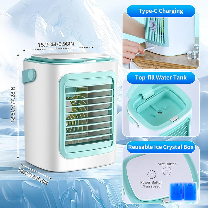 Tragbarer Mini-Klimagerät-Ventilator mit Kühlfunktion, leise, 3 Windstufen und Kaltvernebelung, Mini
