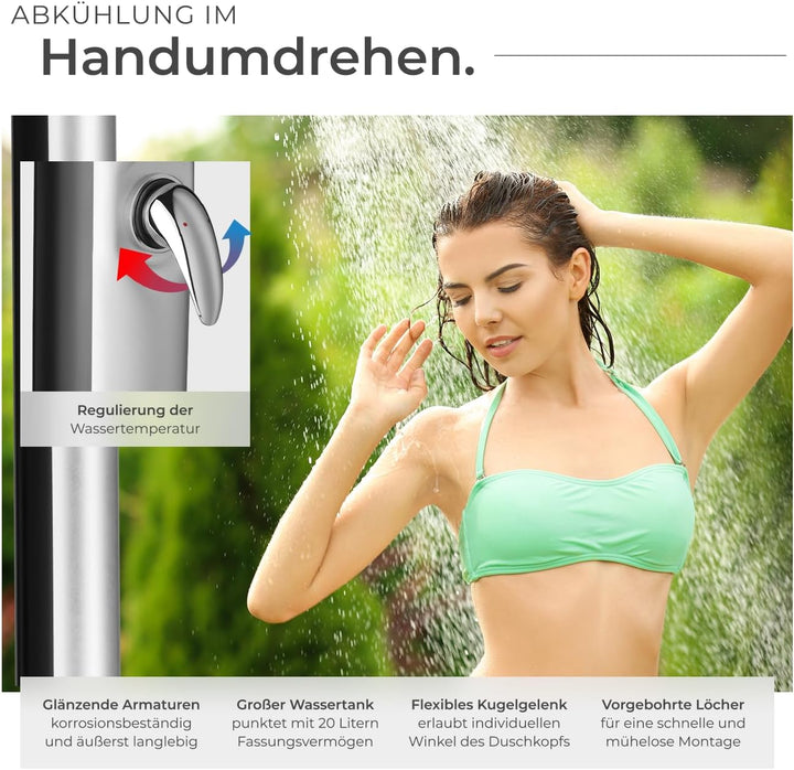 tectake® Gartendusche mit Duschkopf gross und Wasserhahn für Füsse, Solardusche 20l, solar Shower Au