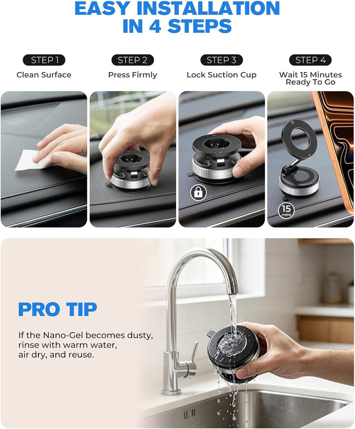 Magnetische Handyhalterung fürs Auto – Silber, mit Nano-Gel Saugnapf, 360° Verstellbar &amp; Faltbar, ko