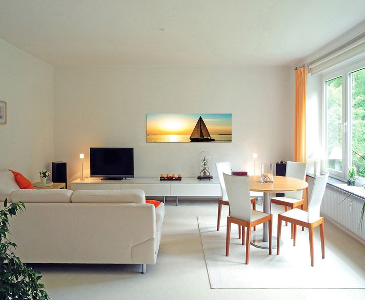 Paul Sinus Art Panoramabild auf Leinwand und Keilrahmen 150x50cm Meer Segelboot Silhouette Sonnenunt