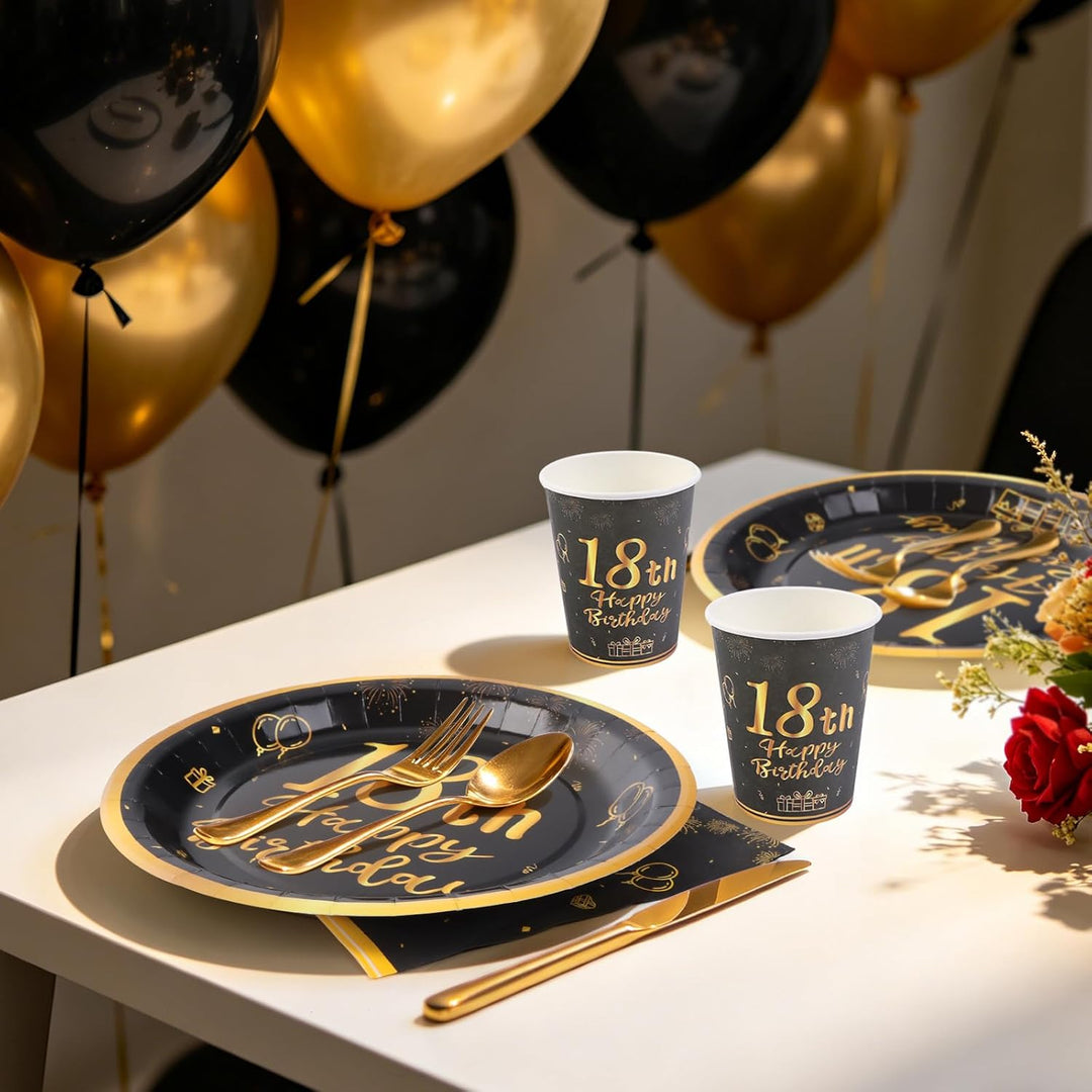 96 Stück Schwarz und Gold Geburtstag Party Geschirr Set, 18th Schwarz und Gold Geburtstag Party Gesc