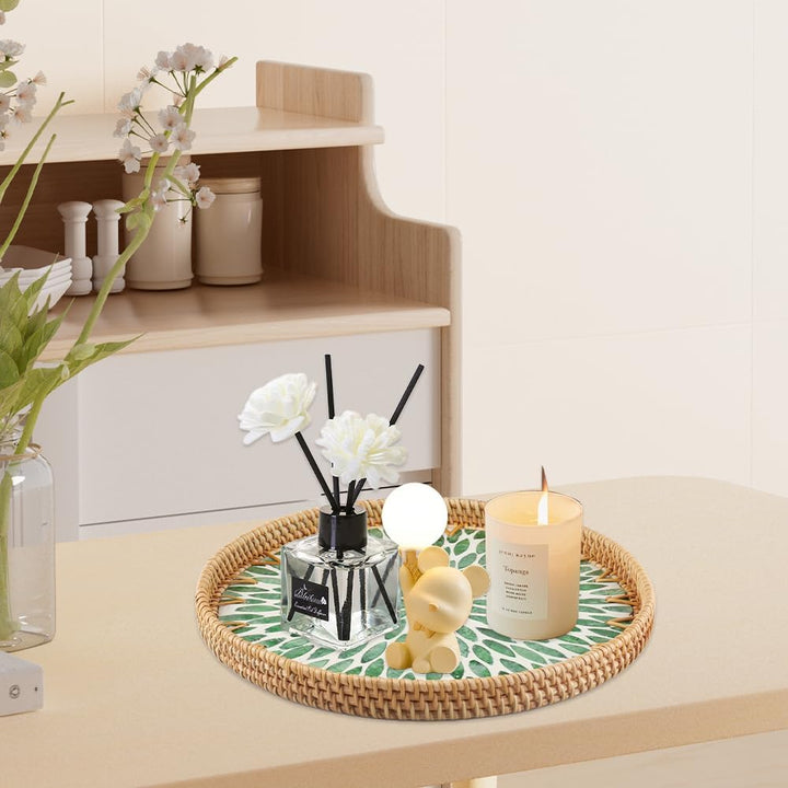Rattan Serviertablett Rund Dekotablett 30CM Rundes Tablett | Mosaik Tablett Rund Handgewebtes Servie