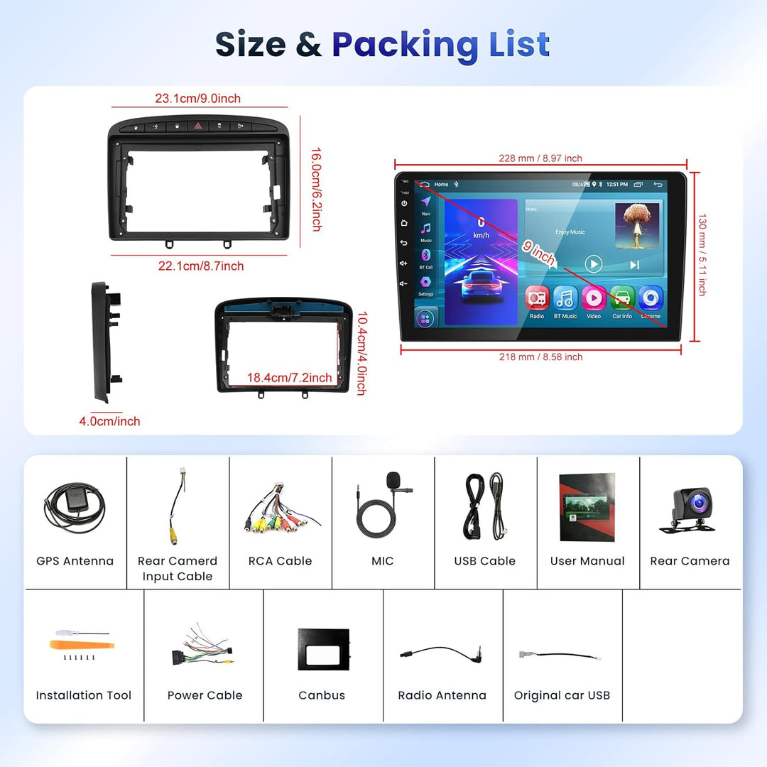 Podofo Android Autoradio GPS für Peugeot 308 408 2009-2013, 9" Touchscreen WiFi Bluetooth FM RDS Rad