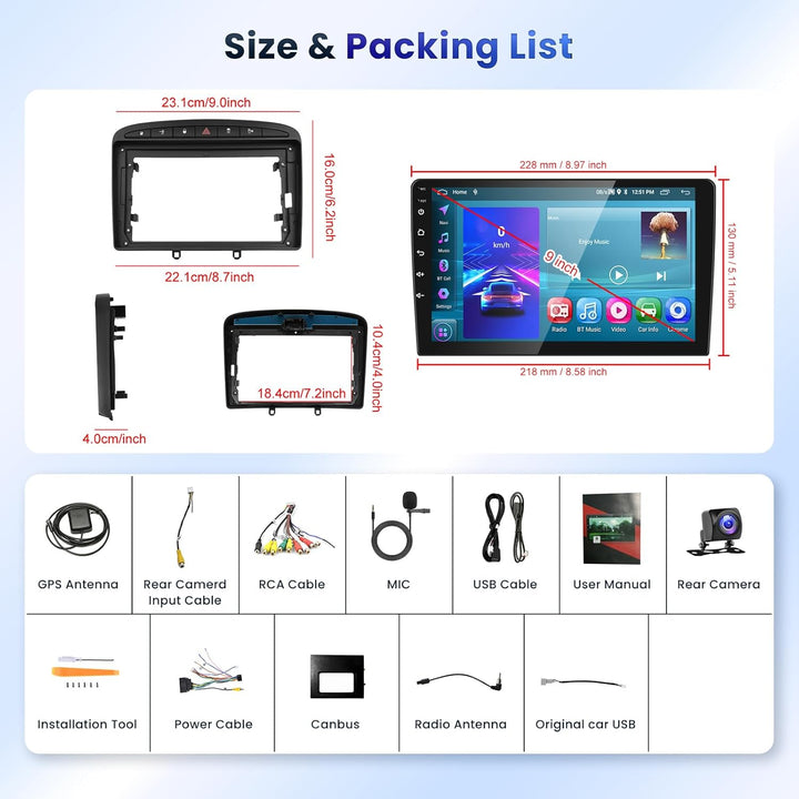 Podofo Android Autoradio GPS für Peugeot 308 408 2009-2013, 9" Touchscreen WiFi Bluetooth FM RDS Rad