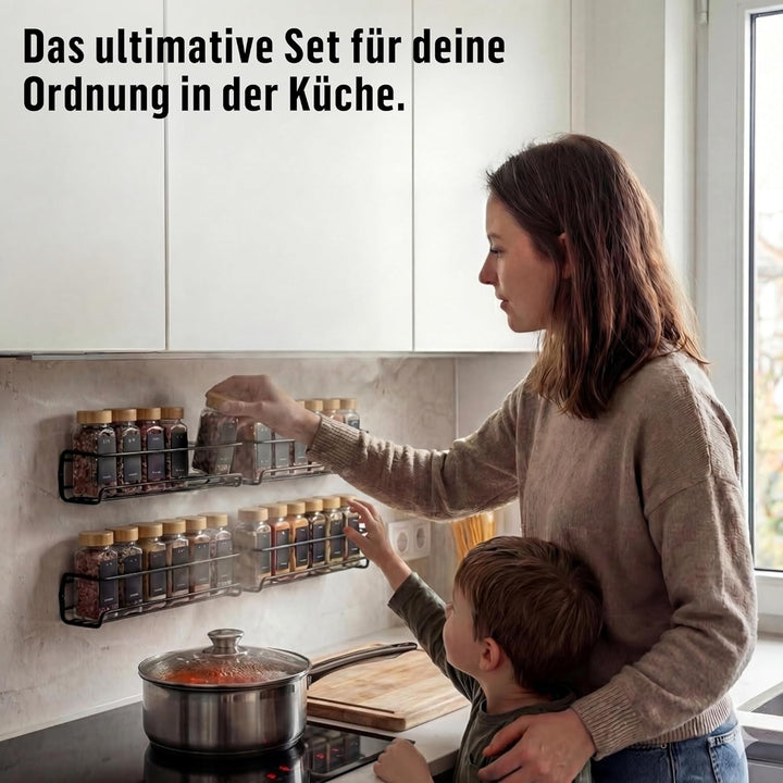 Deco haus® Gewürzregal Wand ohne Bohren [MIT 24 GEWÜRZGLÄSER & ETIKETTEN] - Gewürzregal Hängend 4er