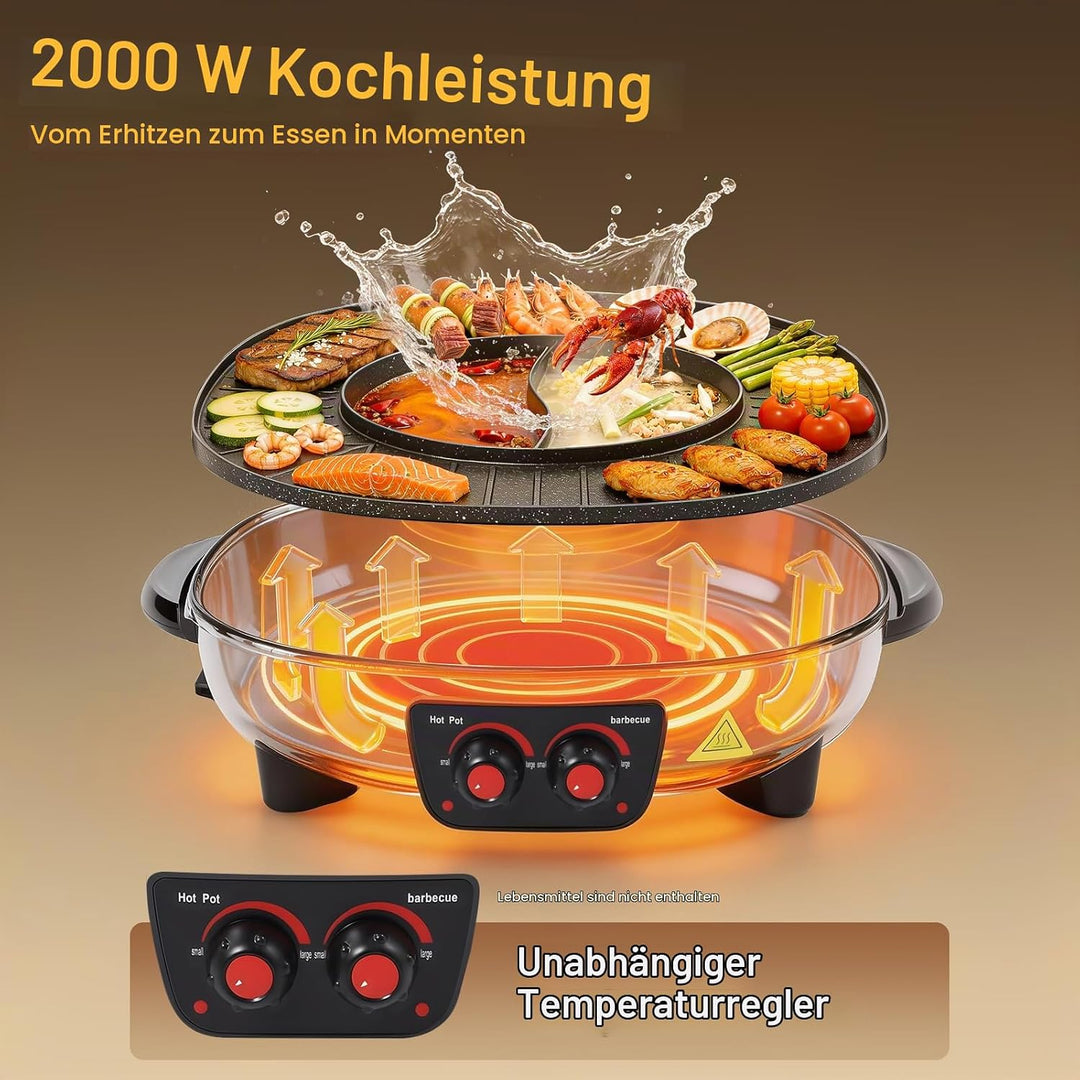 2-in-1-Grill-Hotpot, Multifunktionaler elektrischer Hotpot, Elektrischer Grill mit Grossem Fassungsv
