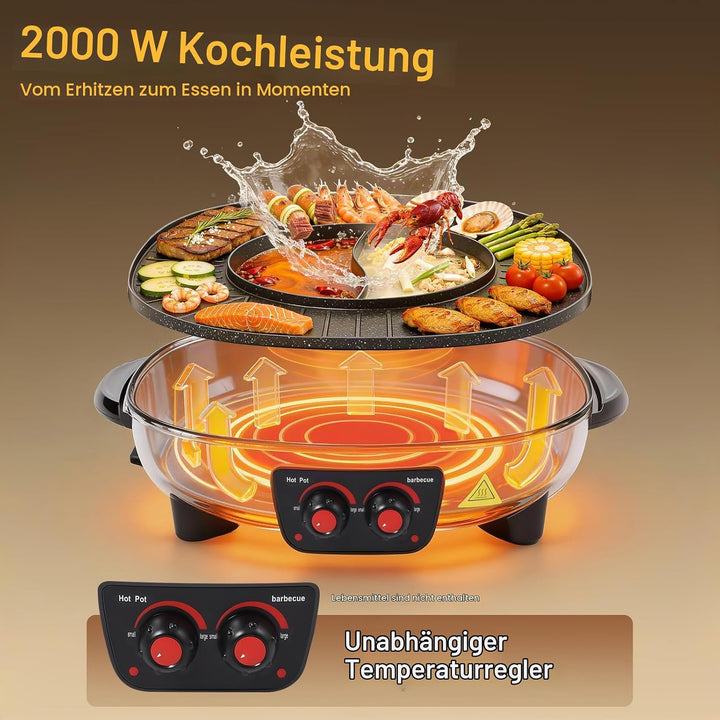 2-in-1-Grill-Hotpot, Multifunktionaler elektrischer Hotpot, Elektrischer Grill mit Grossem Fassungsv