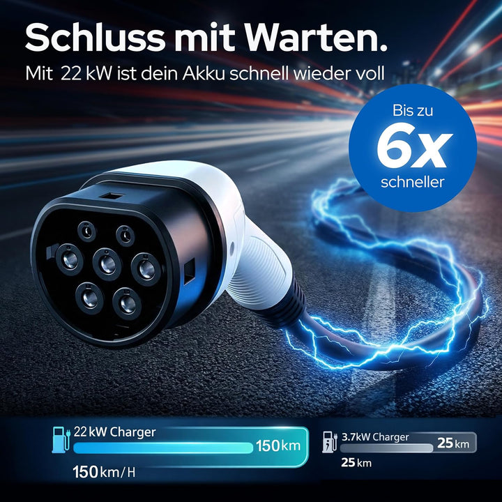 EVify Typ 2 Ladekabel 22kW 5M 32A für Elektroauto & Hybrid inkl. Kabeltasche • Kabel 3 phasig für EV