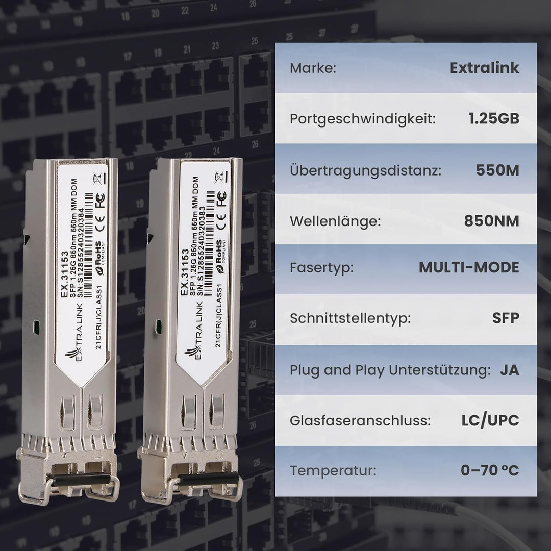 Extralink SFP Modul 1.25G LC Duplex Multimode 850 nm 550 m MSA-kompatibel – Für Cisco, Ubiquiti UniF