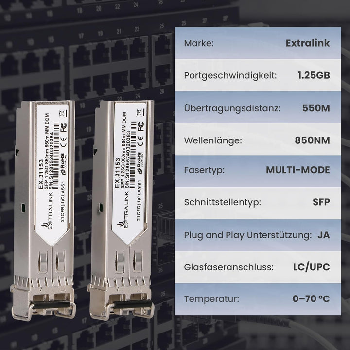 Extralink SFP Modul 1.25G LC Duplex Multimode 850 nm 550 m MSA-kompatibel – Für Cisco, Ubiquiti UniF