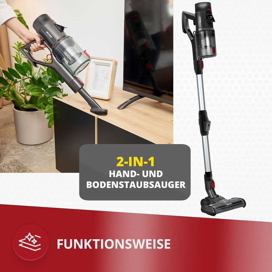 MPM MOD-71 Akku Staubsauger 2 in 1 mit 400 W, Knickrohr und HEPA-H12-Filter | Staubsauger kabellos,