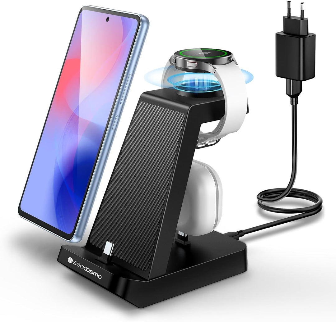 seacosmo 3 in 1 Ladestation, 18W Samsung Ladegerät handyhalterung für Galaxy Buds/Samsung A54/A53/A3