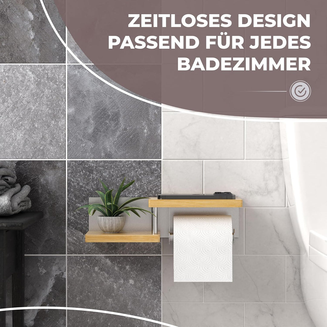 Toilettenpapierhalter Holz Bambus [KLEBEN oder Bohren] | hochwertiger Klopapierhalter ohne Bohren mi